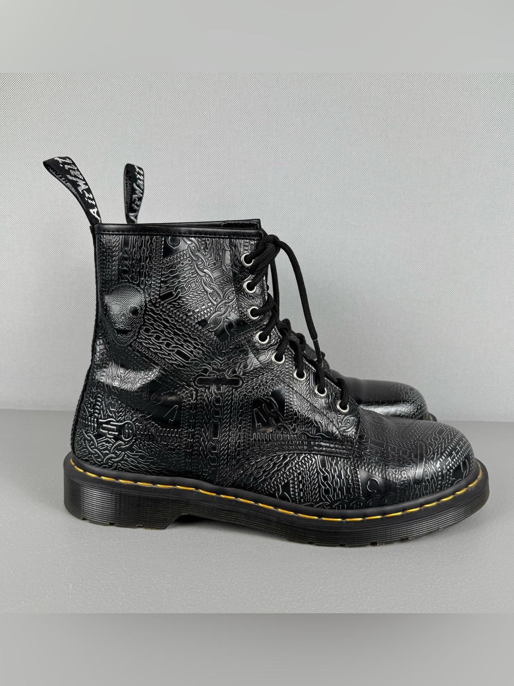 Dr Doc Martens 1460 Arcadia Embossed Leather Boots Men 12 Two Tone Chains Skulls
